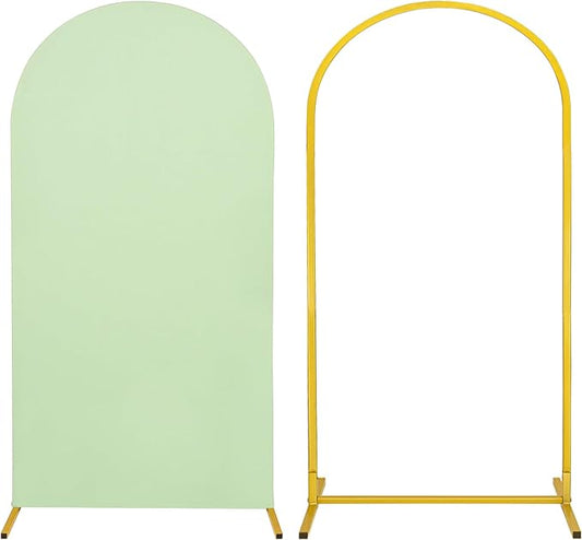 Metal Arch Stand and Cover Set,1 Sage Green Spandex Fitted Backdrop with 1 Gold Wedding Arched Stand Frame for Parties Birthday Baby Shower Bridal Banquet Decoration (6.6FT)