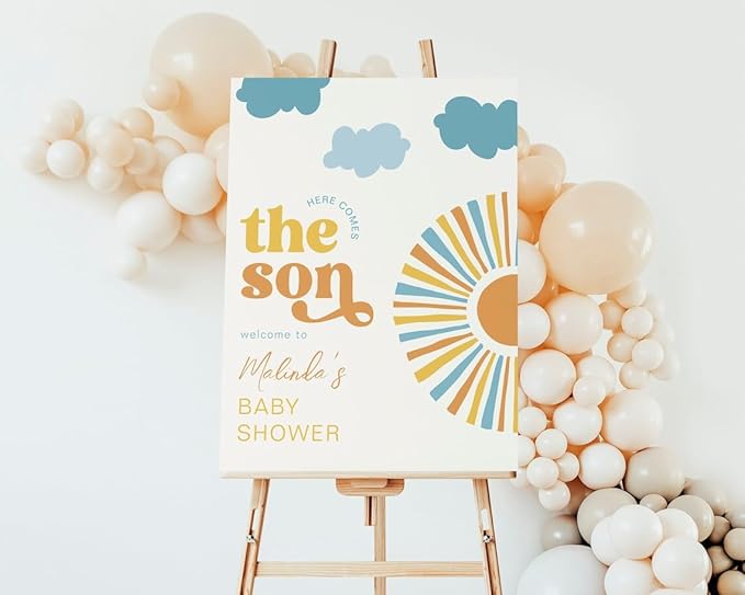 Here Comes the Son Baby Shower Decorations, Baby Shower Sign, Welcome to Baby Shower Sign Personalized, Welcome Sign for Baby Shower, Baby Shower Welcome Sign with Stand, Custom Baby Shower Sign