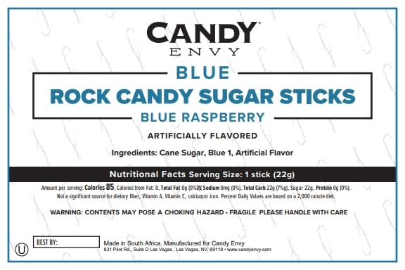 Blue Rock Candy Sugar Sticks - Blue Raspberry Flavored - 24 Individually Wrapped Candy Party Favors