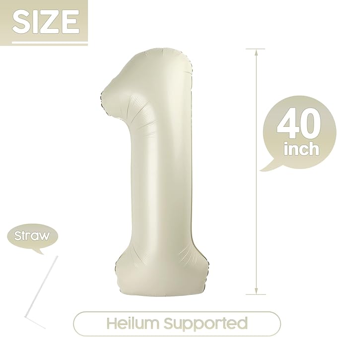1 Balloon - Cream Birthday Number Balloons, 40 Inch Large Foil Balloons for Men Women Boys Girls Cream Themed Birthday Decorations