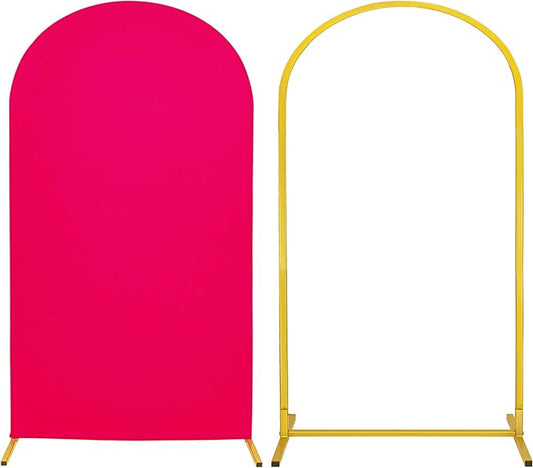 Metal Arch Stand and Cover Set,1 Fushia Spandex Fitted Backdrop with 1 Gold Wedding Arched Stand Frame for Parties Birthday Baby Shower Bridal Banquet Decoration (7.2FT)