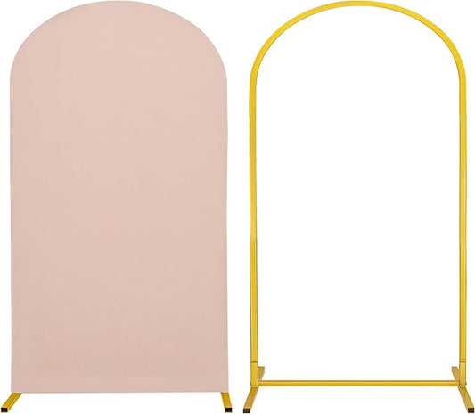 Metal Arch Stand and Cover Set,1 Nude Spandex Fitted Backdrop with 1 Gold Wedding Arched Stand Frame for Parties Birthday Baby Shower Bridal Banquet Decoration (7.2FT)