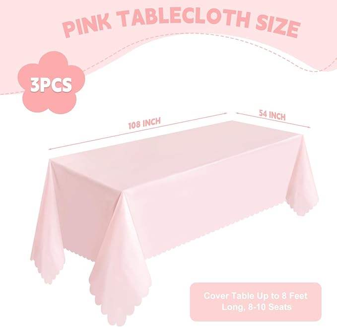 3 Pack Plastic Light Pink Tablecloth, Disposable Scalloped Edge Table Cloth Waterproof Rectangle Pink Table Cover for Birthday Bridal Wedding Baby Shower, 54 X 108 Inch