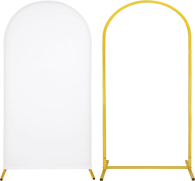 Metal Arch Stand and Cover Set,1 White Spandex Fitted Backdrop with 1 Gold Wedding Arched Stand Frame for Parties Birthday Baby Shower Bridal Banquet Decoration (6.6FT)