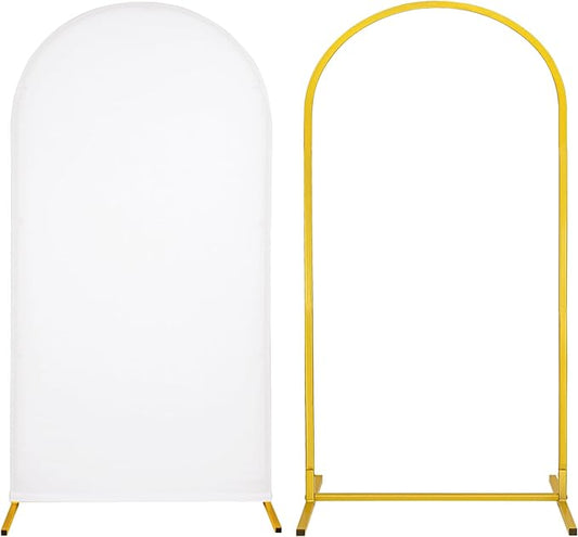 Metal Arch Stand and Cover Set,1 White Spandex Fitted Backdrop with 1 Gold Wedding Arched Stand Frame for Parties Birthday Baby Shower Bridal Banquet Decoration (6.6FT)