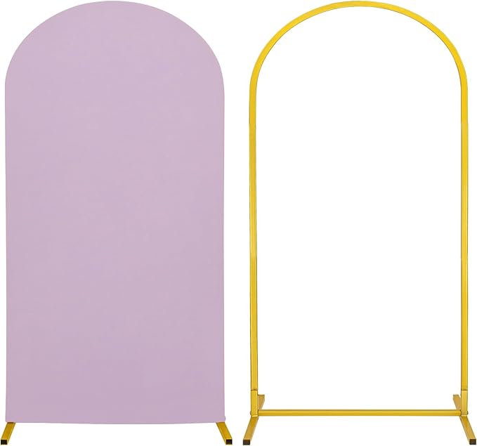 Metal Arch Stand and Cover Set,1 Light Purple Spandex Fitted Backdrop with 1 Gold Wedding Arched Stand Frame for Parties Birthday Baby Shower Bridal Banquet Decoration (6.6FT)