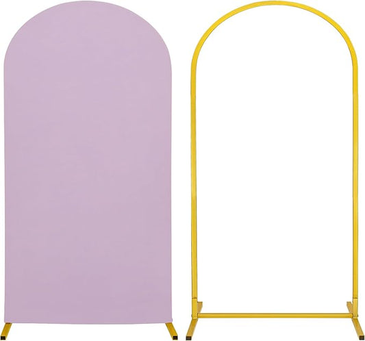 Metal Arch Stand and Cover Set,1 Light Purple Spandex Fitted Backdrop with 1 Gold Wedding Arched Stand Frame for Parties Birthday Baby Shower Bridal Banquet Decoration (6.6FT)