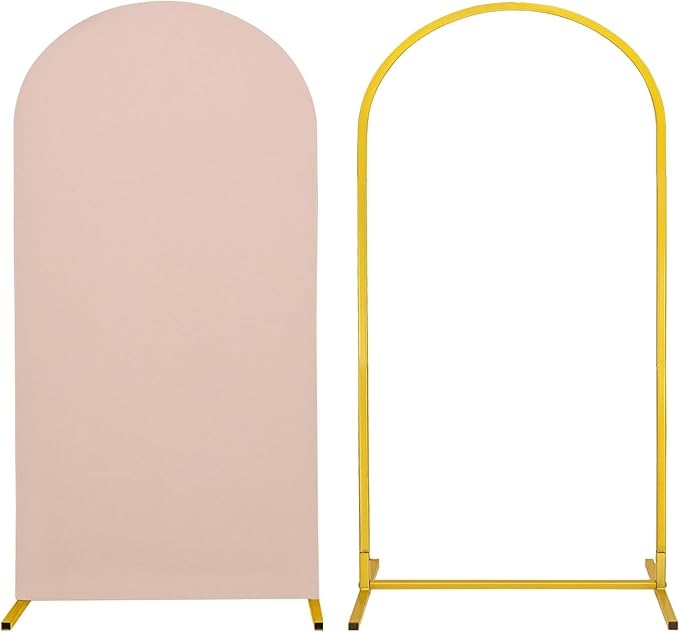 Metal Arch Stand and Cover Set,1 Nude Spandex Fitted Backdrop with 1 Gold Wedding Arched Stand Frame for Parties Birthday Baby Shower Bridal Banquet Decoration (6.6FT)
