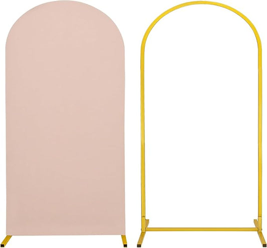 Metal Arch Stand and Cover Set,1 Nude Spandex Fitted Backdrop with 1 Gold Wedding Arched Stand Frame for Parties Birthday Baby Shower Bridal Banquet Decoration (6.6FT)