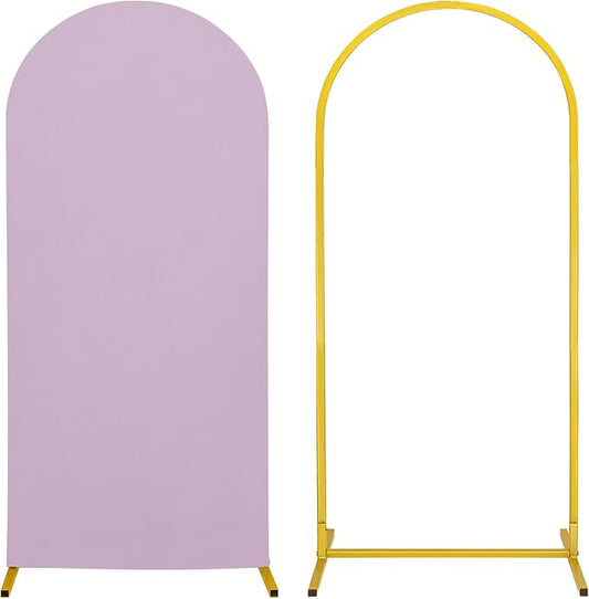 Metal Arch Stand and Cover Set,1 Light Purple Spandex Fitted Backdrop with 1 Gold Wedding Arched Stand Frame for Parties Birthday Baby Shower Bridal Banquet Decoration (5FT)