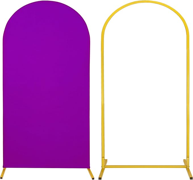 Metal Arch Stand and Cover Set,1 Purple Spandex Fitted Backdrop with 1 Gold Wedding Arched Stand Frame for Parties Birthday Baby Shower Bridal Banquet Decoration (6.6FT)