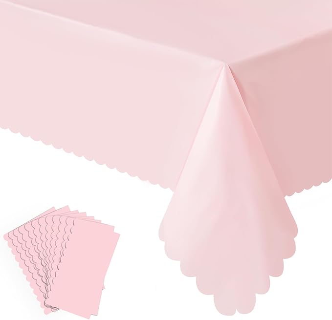 12 Pack Plastic Light Pink Tablecloth, Disposable Scalloped Edge Table Cloth Waterproof Rectangle Pink Table Cover for Birthday Bridal Wedding Baby Shower, 54 X 108 Inch