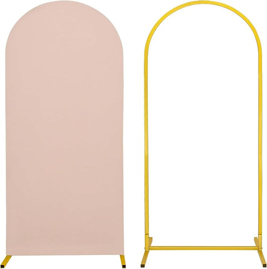 Metal Arch Stand and Cover Set,1 Nude Spandex Fitted Backdrop with 1 Gold Wedding Arched Stand Frame for Parties Birthday Baby Shower Bridal Banquet Decoration (5FT)