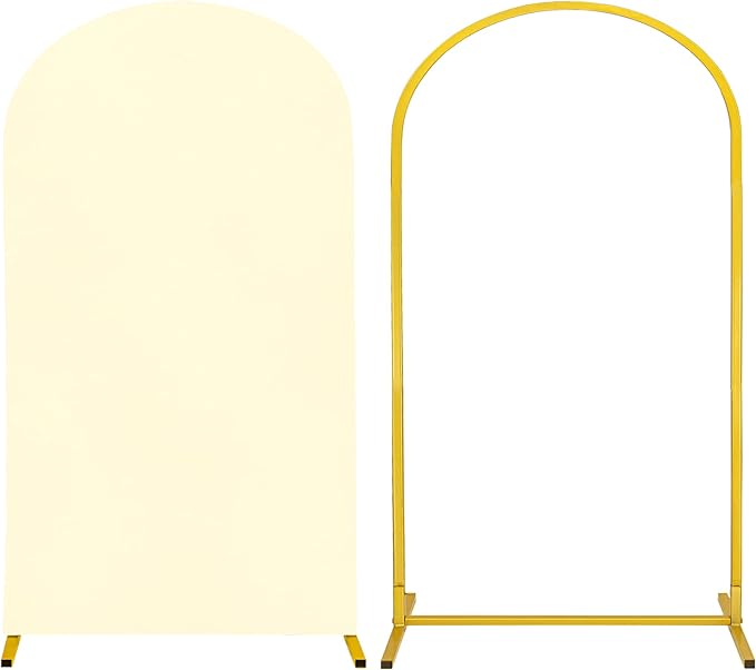 Metal Arch Stand and Cover Set,1 Ivory Spandex Fitted Backdrop with 1 Gold Wedding Arched Stand Frame for Parties Birthday Baby Shower Bridal Banquet Decoration (7.2FT)