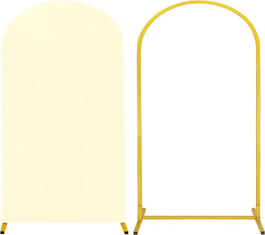 Metal Arch Stand and Cover Set,1 Ivory Spandex Fitted Backdrop with 1 Gold Wedding Arched Stand Frame for Parties Birthday Baby Shower Bridal Banquet Decoration (7.2FT)