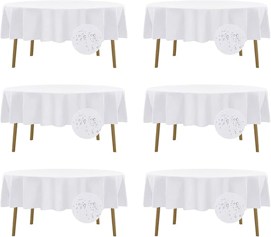 Fokitut 6 Pack Waterproof Round Tablecloth, 70 Inch, Stain Resistant and Wrinkle Polyester Table Cloth, Fabric Table Cover for Kitchen Dining, Wedding, Party, Holiday Dinner-White