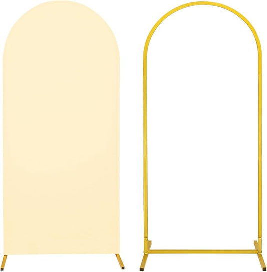 Metal Arch Stand and Cover Set,1 Beige Spandex Fitted Backdrop with 1 Gold Wedding Arched Stand Frame for Parties Birthday Baby Shower Bridal Banquet Decoration (6FT)