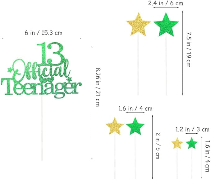 Glittery 13 Ofiicial Teenager Cake Topper with Star,13th Happy Birthday Cake Topper Party Decorations Party Supplies for Boys Girls Green Gold