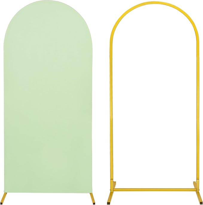 Metal Arch Stand and Cover Set,1 Sage Green Spandex Fitted Backdrop with 1 Gold Wedding Arched Stand Frame for Parties Birthday Baby Shower Bridal Banquet Decoration (6FT)