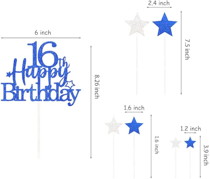 Glittery 16th Cake Topper with Star Boys and Girls 16th Birthday Party Supplies, Sixteen Years Old Birthday Party Decorations Royal Blue