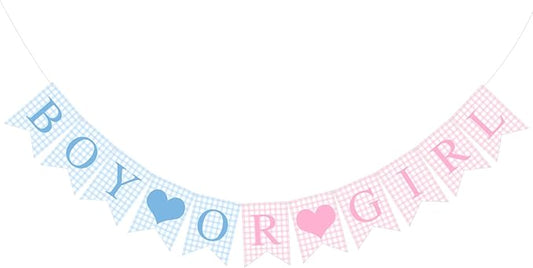 1 Pcs Blue Pink Gingham Boy or Girl Banner for Party Decorations Blue Pink Pre Strung Baby Shower Boy or Girl Gender Reveal Paper Banner for Table, Wall or Mantel Display Party Decor Supplies