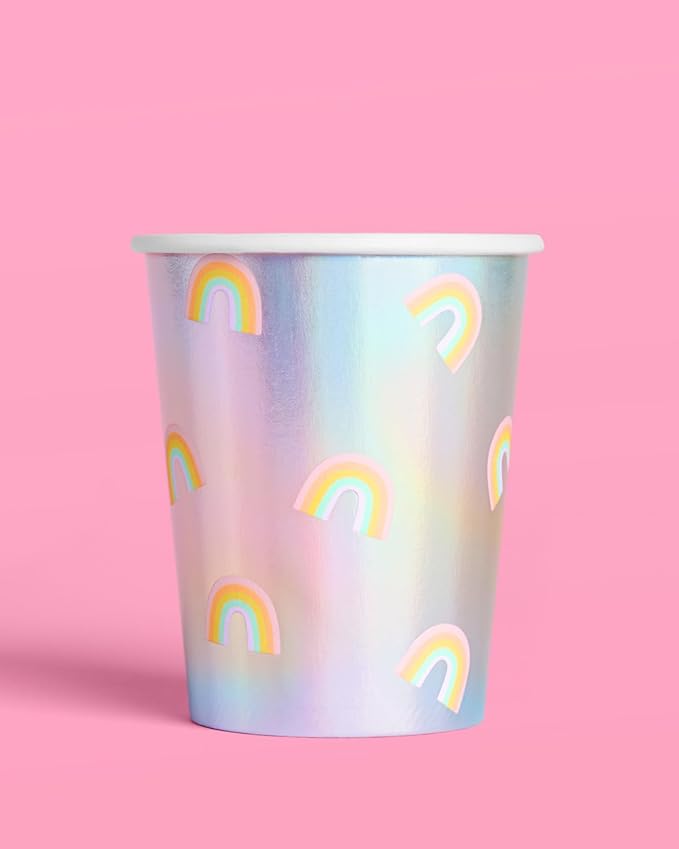 xo, Fetti Iridescent Rainbow Paper Cups - 12 oz, 24 pcs | Pastel Party Drinkware, Cute Dinner Party Setting, Bachelorette Decoration, Kids Birthday Tablescape