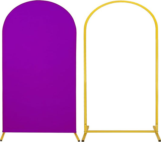 Metal Arch Stand and Cover Set,1 Purple Spandex Fitted Backdrop with 1 Gold Wedding Arched Stand Frame for Parties Birthday Baby Shower Bridal Banquet Decoration (7.2FT)
