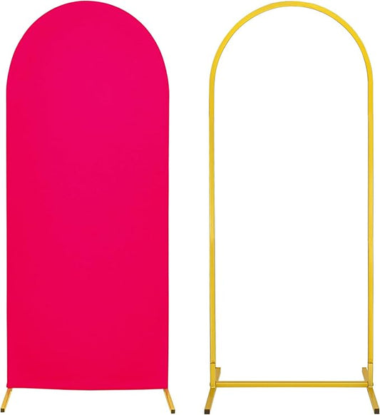 Metal Arch Stand and Cover Set,1 Fushia Spandex Fitted Backdrop with 1 Gold Wedding Arched Stand Frame for Parties Birthday Baby Shower Bridal Banquet Decoration (4FT)
