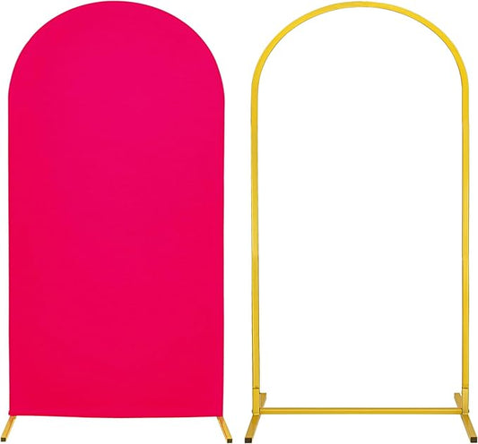 Metal Arch Stand and Cover Set,1 Fushia Spandex Fitted Backdrop with 1 Gold Wedding Arched Stand Frame for Parties Birthday Baby Shower Bridal Banquet Decoration (6.6FT)