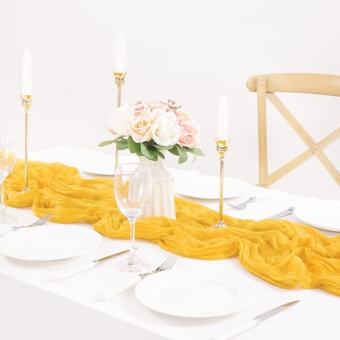 MLMC Gold Table Runner Rustic Gauze Cheesecloth Table Runner 13.3ft Winter Decor Cheese Cloth Table Decoration 35x160 Inches for Party Family Gatherings Home Decor
