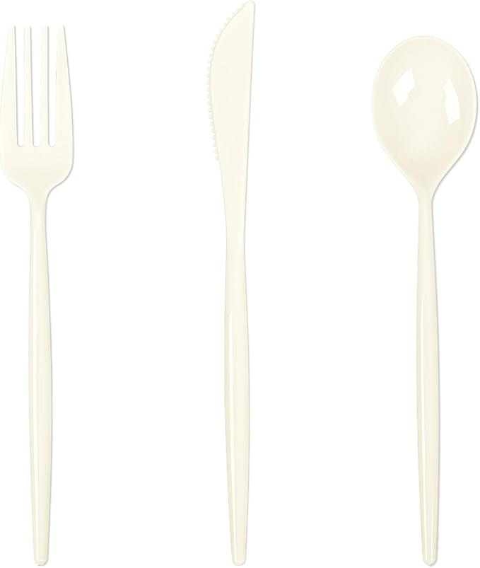 Supernal 180pcs Plastic Silverware Heavy Duty Ivory Plastic Utensils Cutlery Disposable Beige Plastic Cutlery Include 60 Plastic Forks,60 Plastic Knvies,60 Plastic Spoons for Party,Wedding