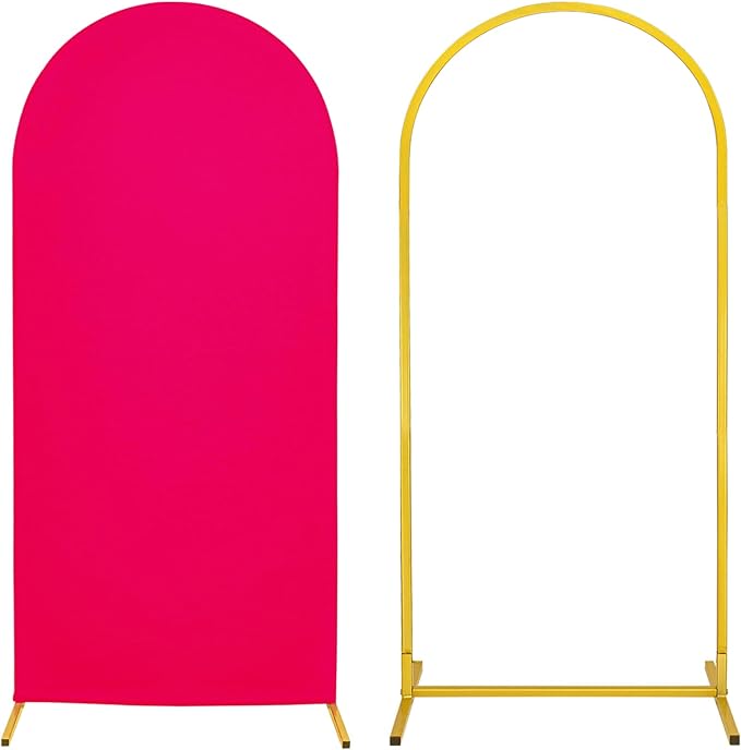 Metal Arch Stand and Cover Set,1 Fushia Spandex Fitted Backdrop with 1 Gold Wedding Arched Stand Frame for Parties Birthday Baby Shower Bridal Banquet Decoration (6FT)