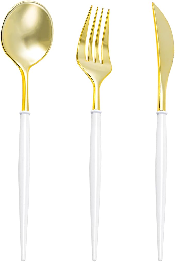 N9R 150Pcs Gold Plastic Silverware-Gold Disposable Utensils with White Handle-Disposable Silverware Heavy Duty with 50 Spoons, 50 Forks, 50 Knives for Party，Birthday and Everyday Use