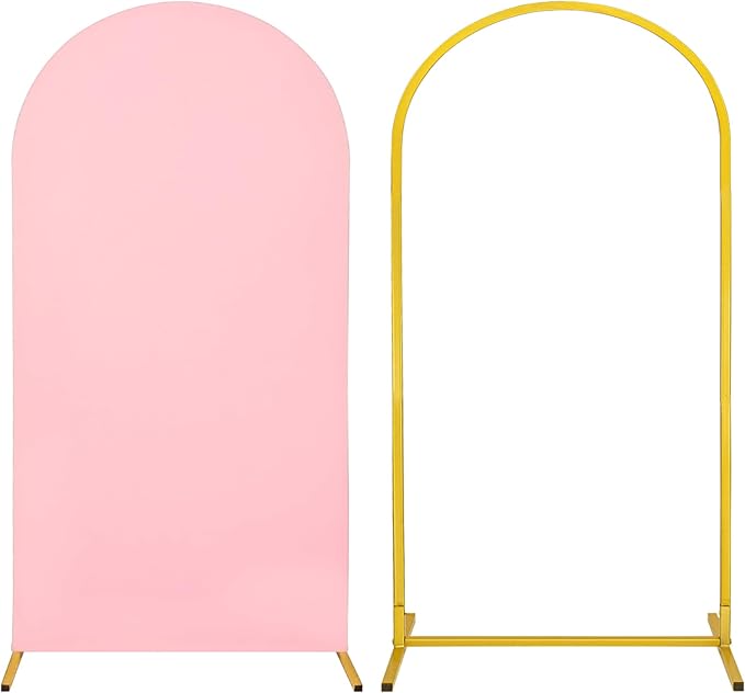 Metal Arch Stand and Cover Set,1 Pink Spandex Fitted Backdrop with 1 Gold Wedding Arched Stand Frame for Parties Birthday Baby Shower Bridal Banquet Decoration (6.6FT)