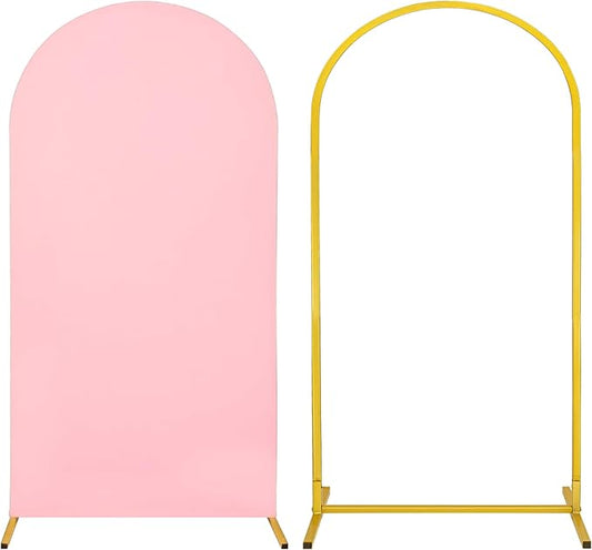 Metal Arch Stand and Cover Set,1 Pink Spandex Fitted Backdrop with 1 Gold Wedding Arched Stand Frame for Parties Birthday Baby Shower Bridal Banquet Decoration (6.6FT)