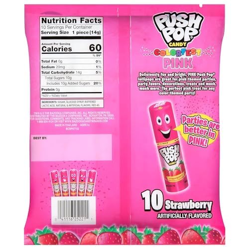 Push Pop Pink Candy Lollipops, 10 Ct Individually Wrapped Christmas Candy in Pink Strawberry Flavor, Full Size, Fun Lollipops For Stocking Stuffers, Party Favors, Birthday Parties, Goodie Bags