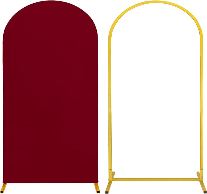Metal Arch Stand and Cover Set,1 Burgundy Spandex Fitted Backdrop with 1 Gold Wedding Arched Stand Frame for Parties Birthday Baby Shower Bridal Banquet Decoration (6.6FT)