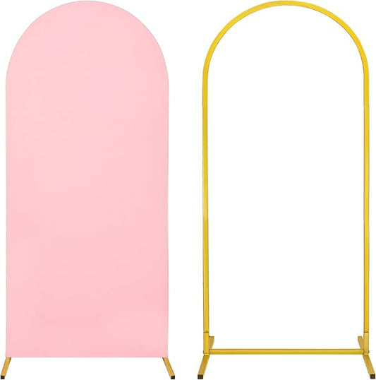 Metal Arch Stand and Cover Set,1 Pink Spandex Fitted Backdrop with 1 Gold Wedding Arched Stand Frame for Parties Birthday Baby Shower Bridal Banquet Decoration (6FT)