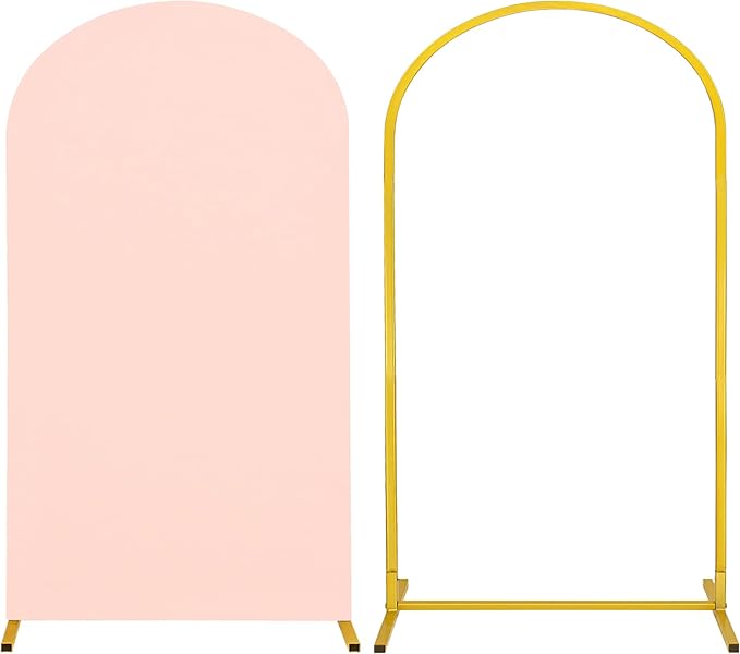 Metal Arch Stand and Cover Set,1 Light Pink Spandex Fitted Backdrop with 1 Gold Wedding Arched Stand Frame for Parties Birthday Baby Shower Bridal Banquet Decoration (7.2FT)