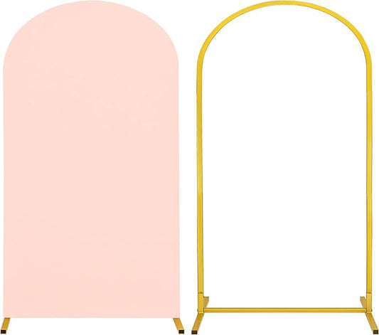 Metal Arch Stand and Cover Set,1 Light Pink Spandex Fitted Backdrop with 1 Gold Wedding Arched Stand Frame for Parties Birthday Baby Shower Bridal Banquet Decoration (7.2FT)