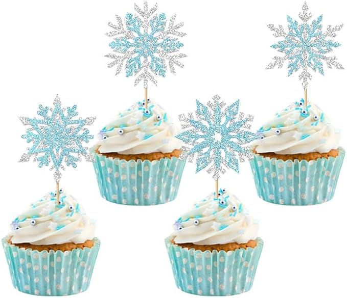 24Pcs Snowflake Cupcake Toppers Glitter Silver and Blue Frozen Cupcake Picks for Winter Frozen Theme Christmas Winter Wonderland Baby Shower Birthday Wedding Decoration Supplies