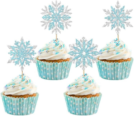 24Pcs Snowflake Cupcake Toppers Glitter Silver and Blue Frozen Cupcake Picks for Winter Frozen Theme Christmas Winter Wonderland Baby Shower Birthday Wedding Decoration Supplies