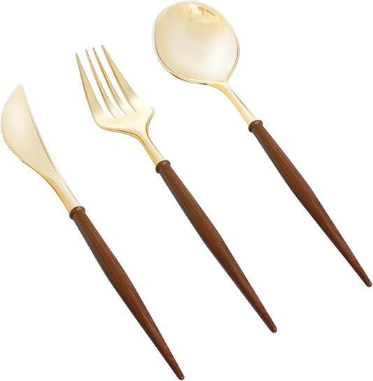 N9R 90Pcs Gold Plastic Silverware Heavy Duty, Elegant Disposable Plastic Silverware with Wood Grain Handle, Gold Plastic Cutlery Set Include 30 Forks, 30 Spoons, 30 Knives Perfect for Wedding, Party