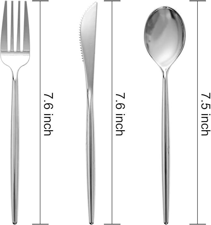 SUT 150Pcs Silver Plastic Silverware, Silver Disposable Cutlery, Heavy Duty Disposable Silverware, Plastic Utensils Include 50 Plastic Forks, 50 Plastic Spoons, 50 Plastic Knives