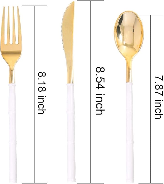 WDF 180Pieces Gold Plastic Silverware-Gold Plastic Cutlery with White Handle-Heavyweight Disposable Flatware-Include 60Forks, 60 Spoons, 60 Knives For Thanksgiving