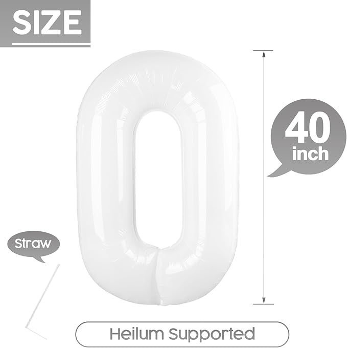 0 Balloon - White Birthday Number Balloons, 40 Inch Large Foil Balloons for Men Women Boys Girls White Themed Birthday Decorations