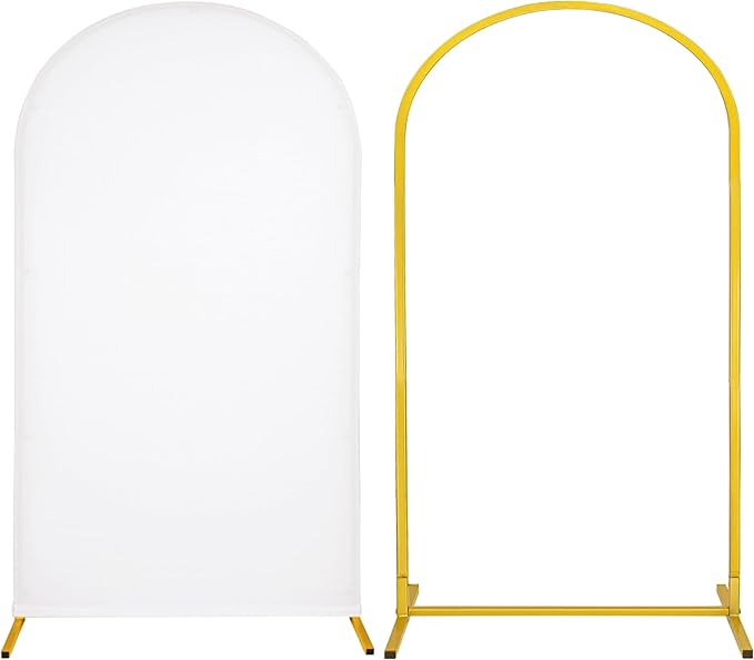 Metal Arch Stand and Cover Set,1 White Spandex Fitted Backdrop with 1 Gold Wedding Arched Stand Frame for Parties Birthday Baby Shower Bridal Banquet Decoration (7.2FT)