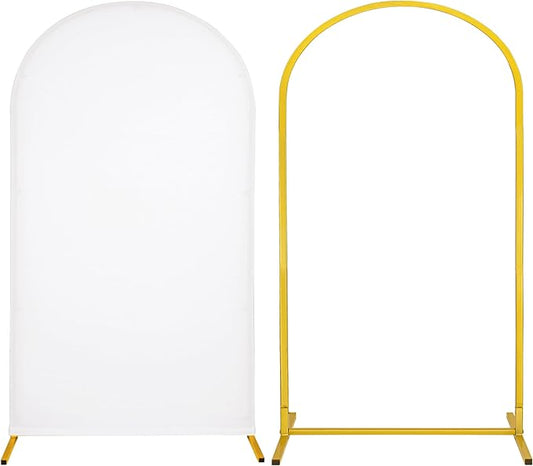 Metal Arch Stand and Cover Set,1 White Spandex Fitted Backdrop with 1 Gold Wedding Arched Stand Frame for Parties Birthday Baby Shower Bridal Banquet Decoration (7.2FT)