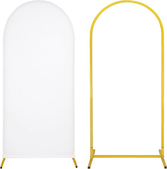 Metal Arch Stand and Cover Set,1 White Spandex Fitted Backdrop with 1 Gold Wedding Arched Stand Frame for Parties Birthday Baby Shower Bridal Banquet Decoration (6FT)