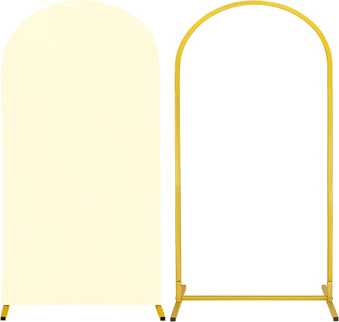 Metal Arch Stand and Cover Set,1 Ivory Spandex Fitted Backdrop with 1 Gold Wedding Arched Stand Frame for Parties Birthday Baby Shower Bridal Banquet Decoration (6.6FT)